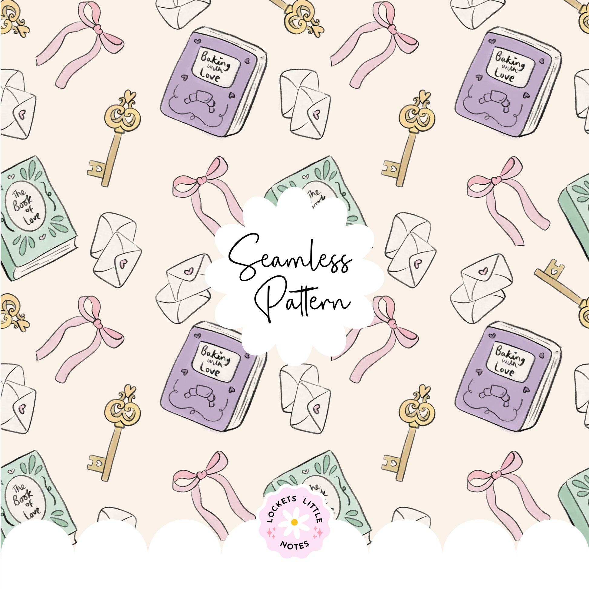 Seamless scatter pattern featuring vintage books, antique keys, handwritten letters, and pink bows on a cream background.