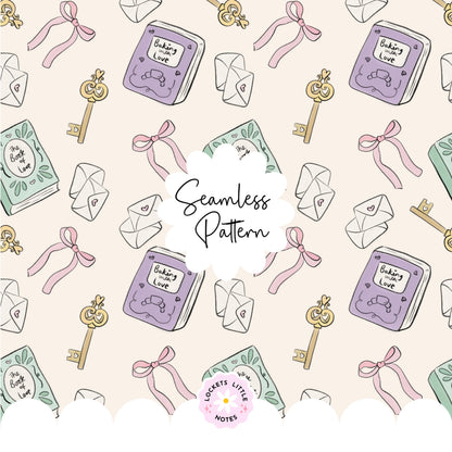 Seamless scatter pattern featuring vintage books, antique keys, handwritten letters, and pink bows on a cream background.
