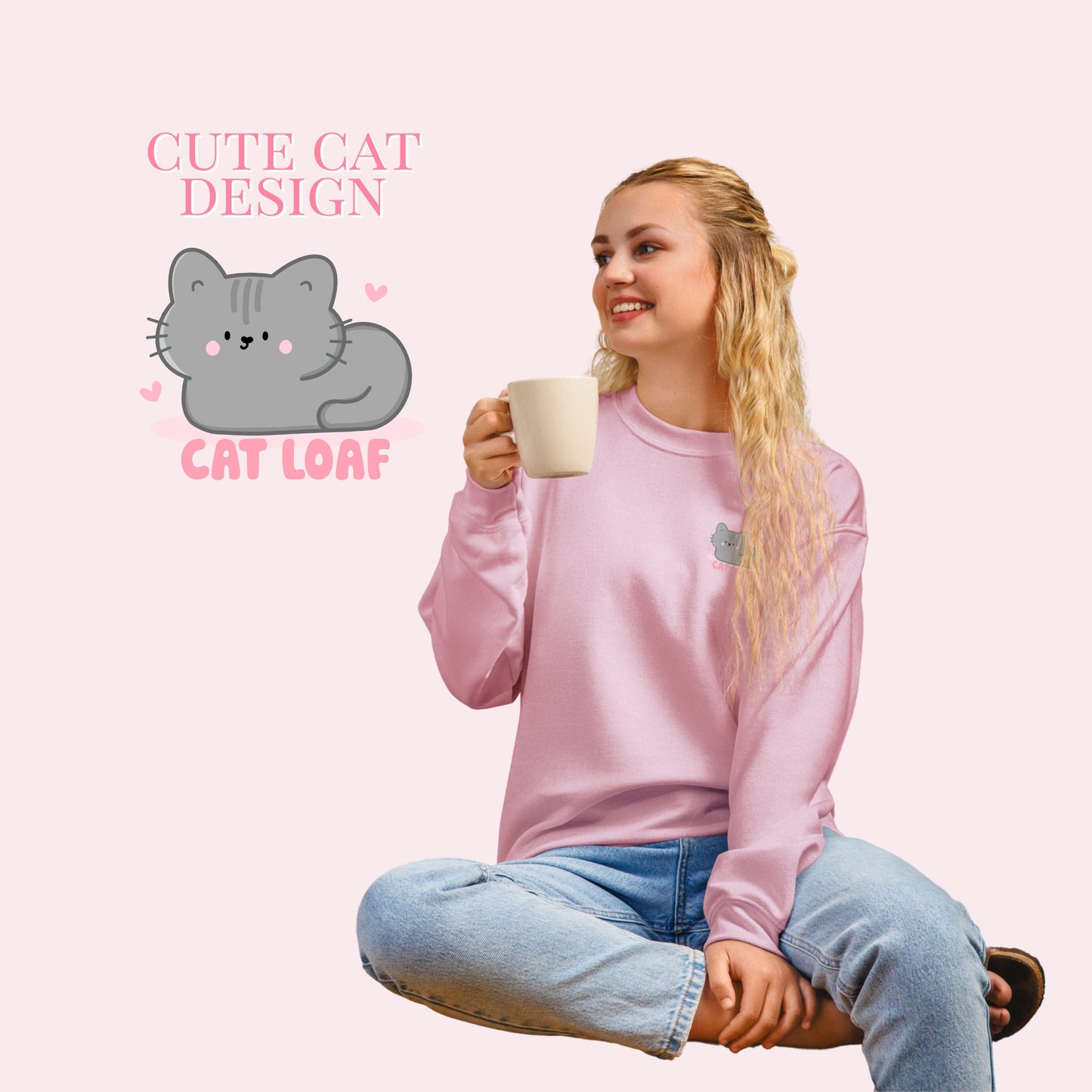Cat Loaf Printed Sweater. Grey and Pink Design.