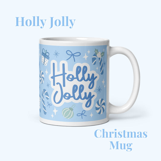 Blue Mug with christmas pattern and Holly Jolly mtif on a light blue background