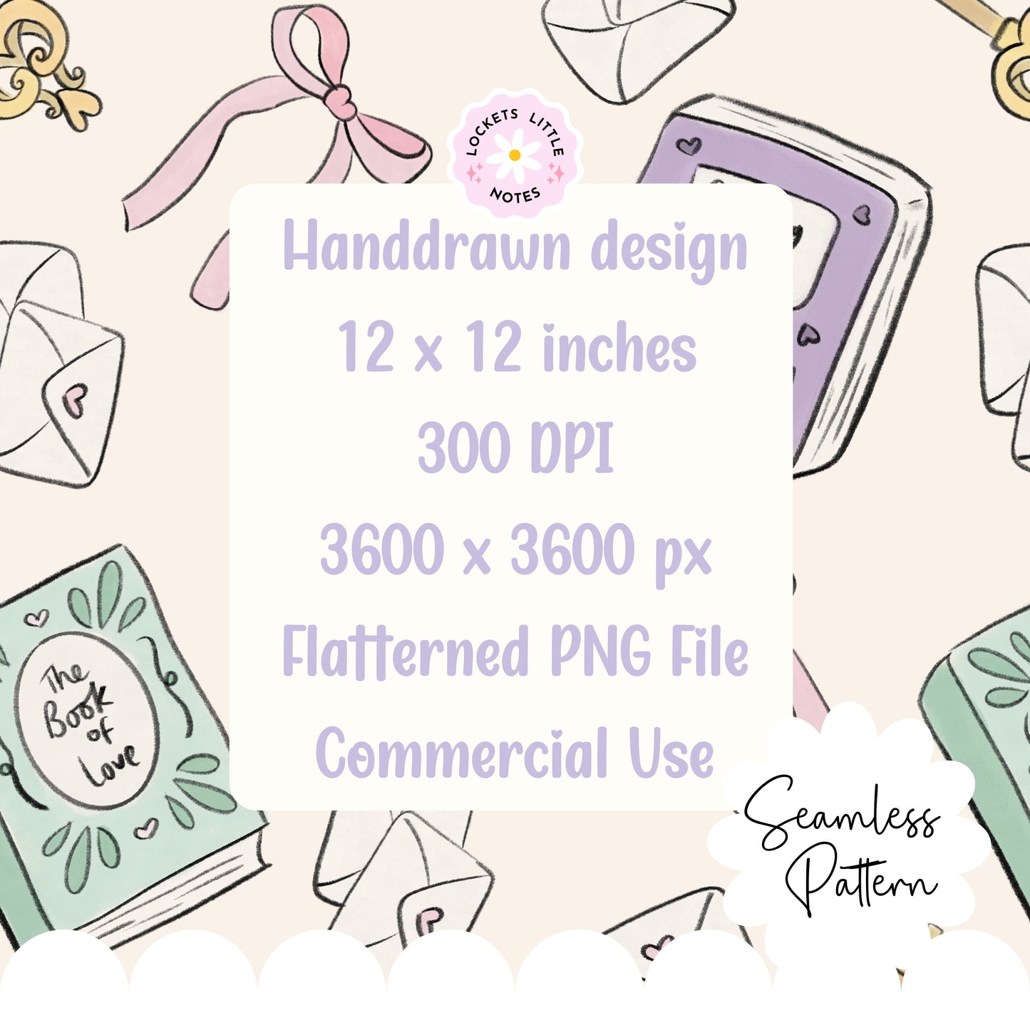 Handdrawn design elements with text about dimensions and usage on a light background. Bookish Seamles Pattern