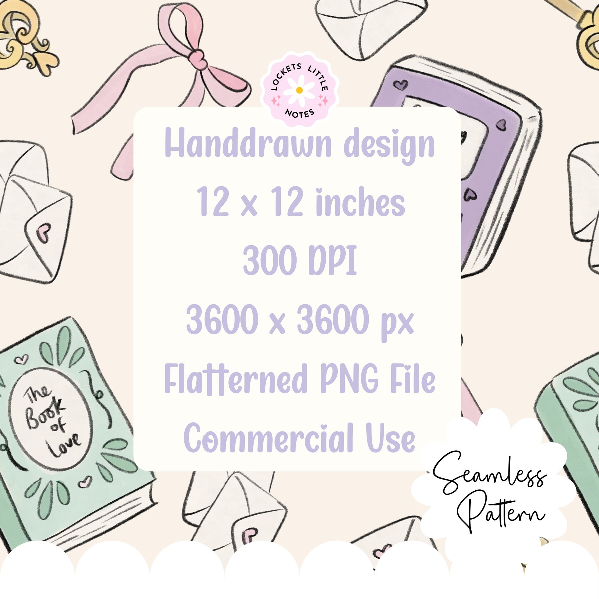 Handdrawn design elements with text about dimensions and usage on a light background. Bookish Seamles Pattern