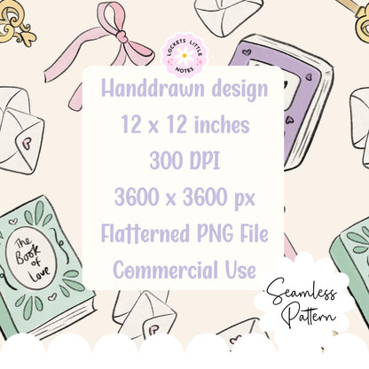 Handdrawn design elements with text about dimensions and usage on a light background. Bookish Seamles Pattern