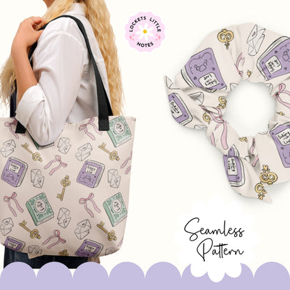 Tote bag with Bookish seamless pattern  key and envelope pattern held by a person, next to a matching scrunchie example of printed design on fabric