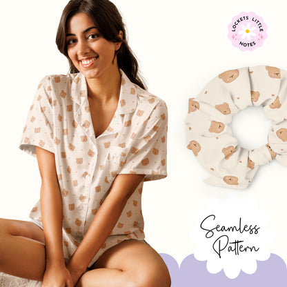 High-resolution seamless pattern tile featuring vintage-style brown teddy bears with dainty pink satin ribbons and bows on a clean cream background.