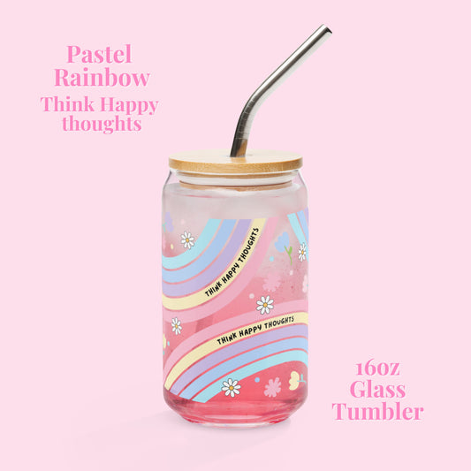 Think Happy Thoughts pastel rainbow 16 oz glass tumbler