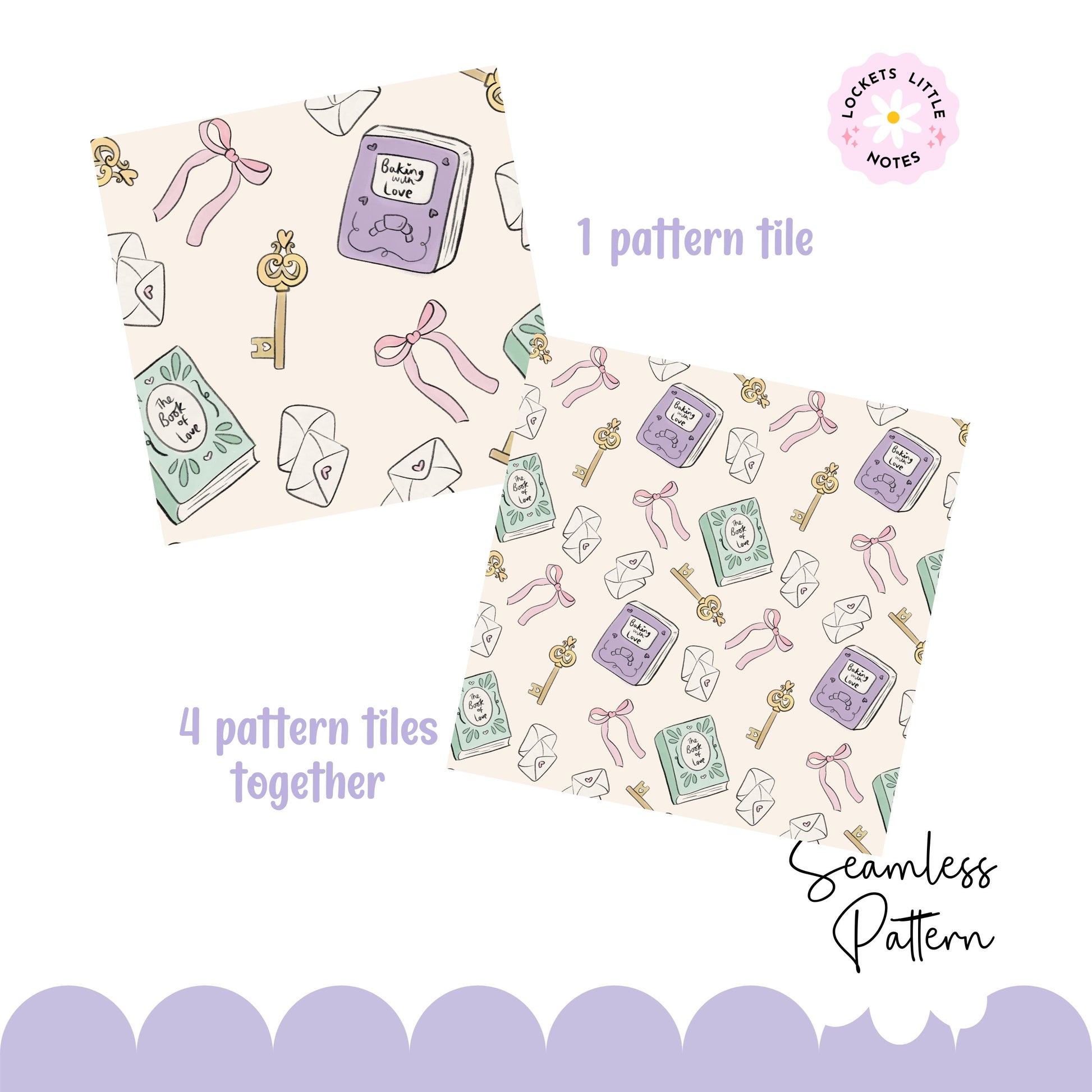 Bookish Seamless Pattern repeating tiles with keys, envelopes, and other elements on a white background.