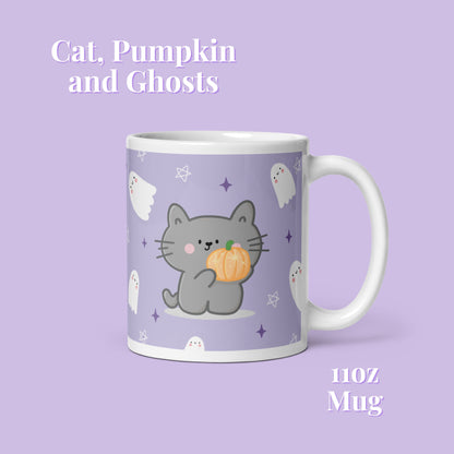 Spooky Halloween Cute Cat and Ghosts 11oz Mug