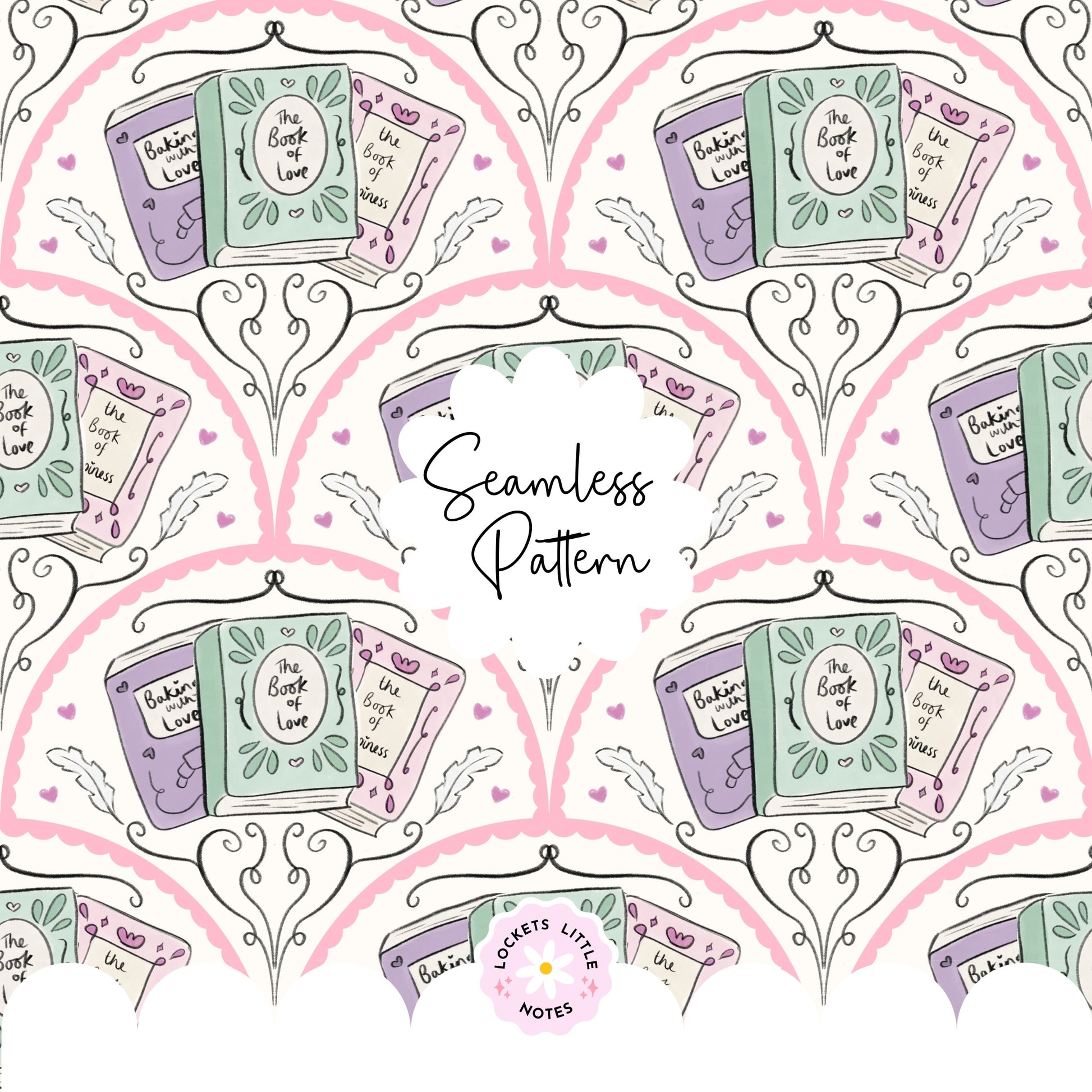 Seamless fanned scallop pattern featuring vintage books and antique quills on a cream background.
