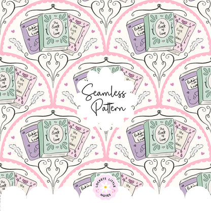 Seamless fanned scallop pattern featuring vintage books and antique quills on a cream background.