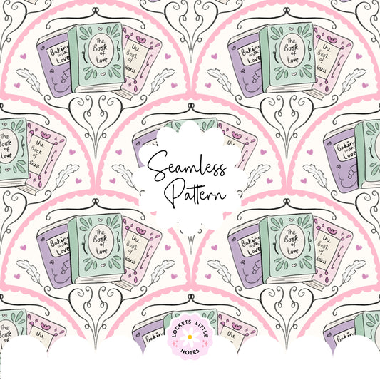 Seamless fanned scallop pattern featuring vintage books and antique quills on a cream background.