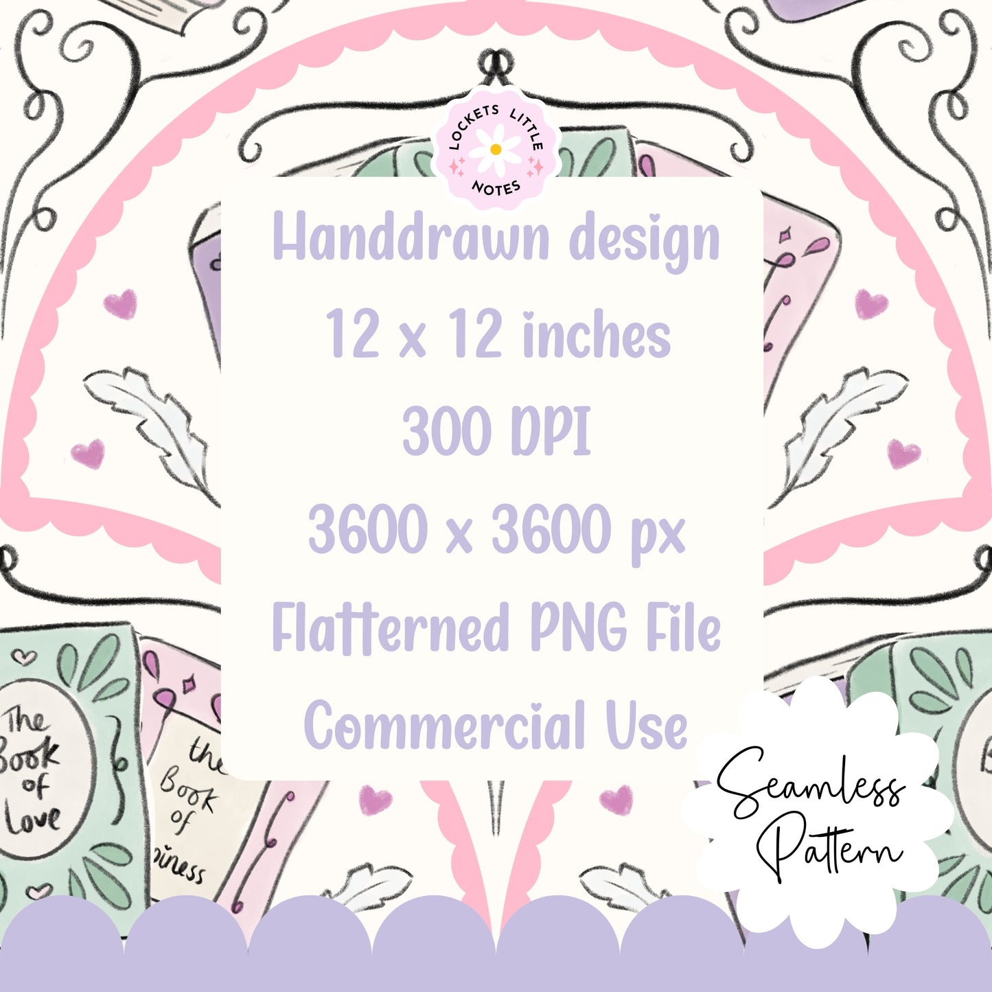Handdrawn design with decorative elements and text about dimensions and usage. Seamless fanned scallop pattern featuring vintage books and antique quills on a cream background.