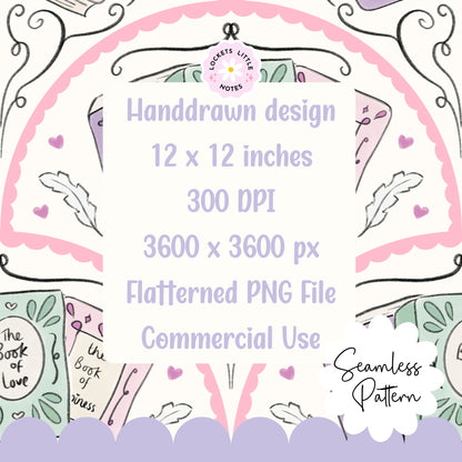 Handdrawn design with decorative elements and text about dimensions and usage. Seamless fanned scallop pattern featuring vintage books and antique quills on a cream background.