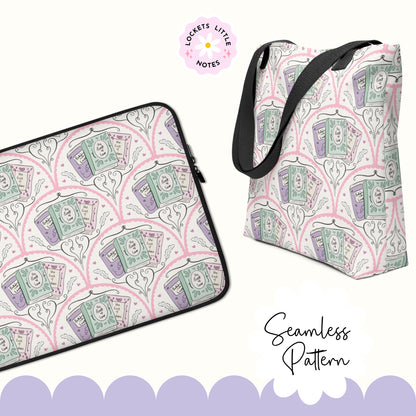 Two bags with a pattern of green and purple items on a white background, featuring the brand 'Lockets Little Notes'. Seamless fanned scallop pattern featuring vintage books and antique quills on a cream background.