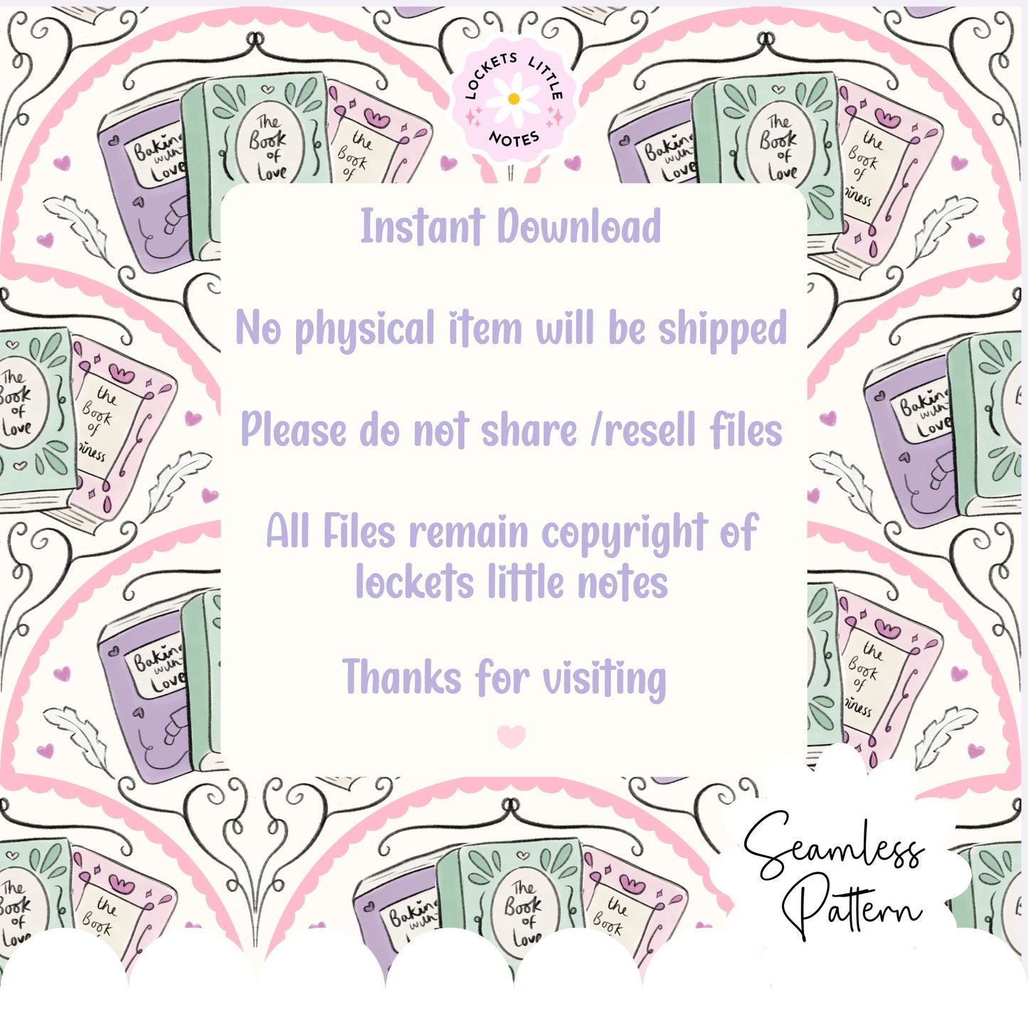 Seamless pattern design with books and text on a white background Seamless fanned scallop pattern featuring vintage books and antique quills on a cream background.