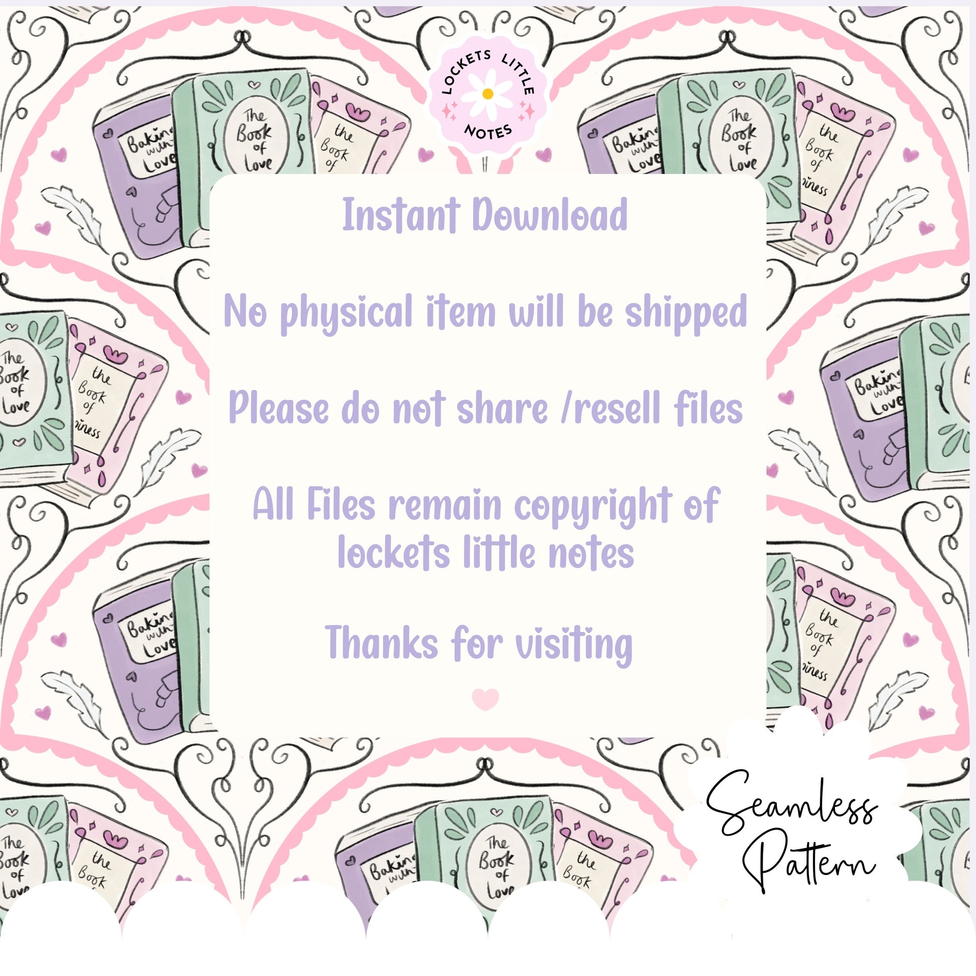 Seamless pattern design with books and text on a white background Seamless fanned scallop pattern featuring vintage books and antique quills on a cream background.