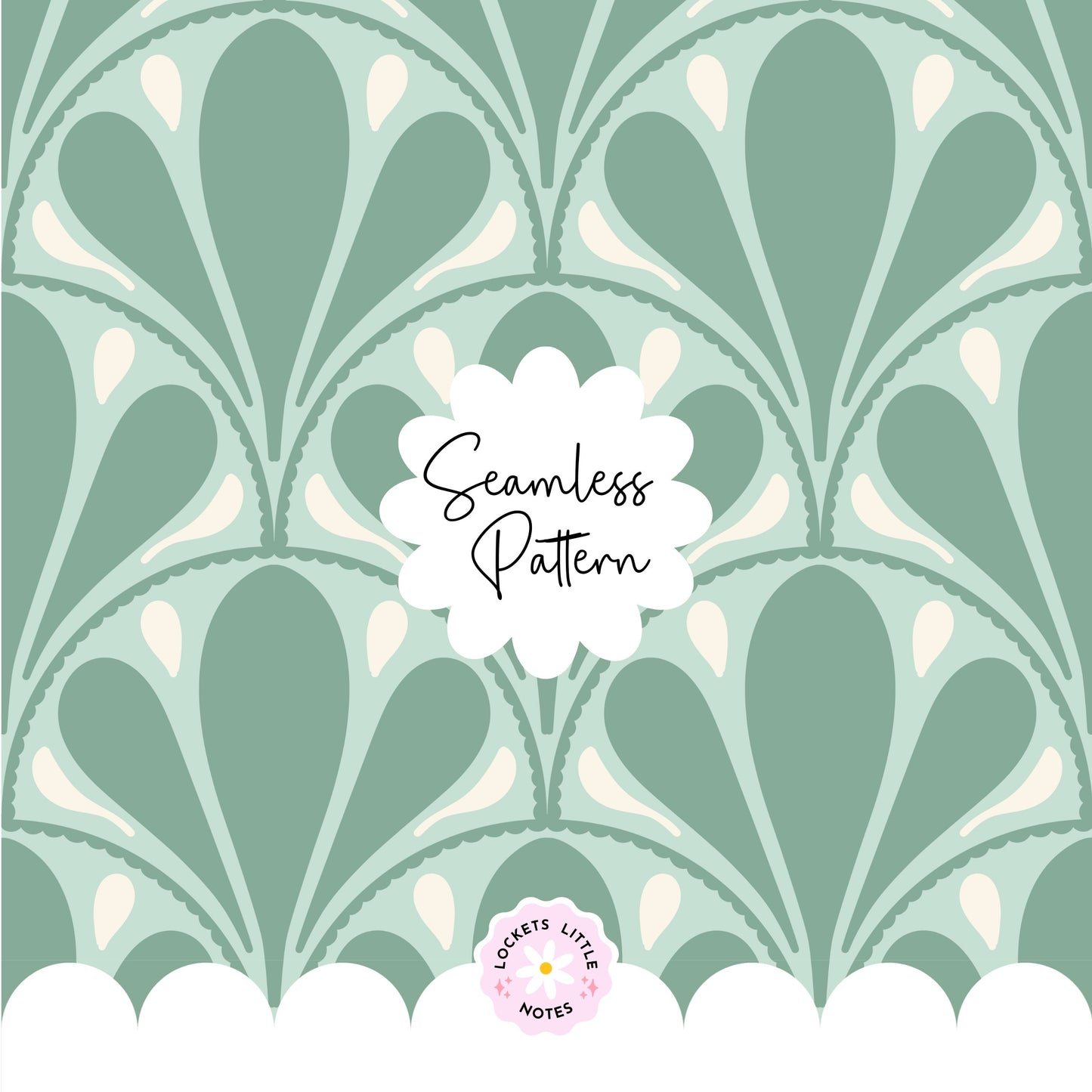 Seamless pattern with green and white design on a light green background, featuring the brand 'Locket's Little Notes'.