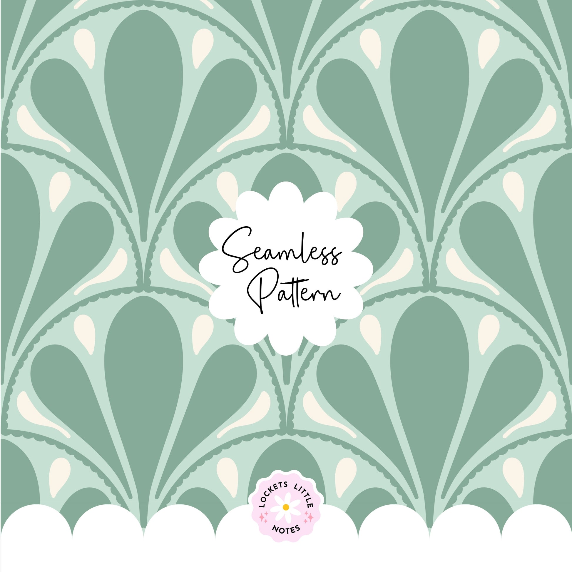 Seamless pattern with green and white design on a light green background, featuring the brand 'Locket's Little Notes'.