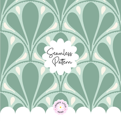 Seamless pattern with green and white design on a light green background, featuring the brand 'Locket's Little Notes'.