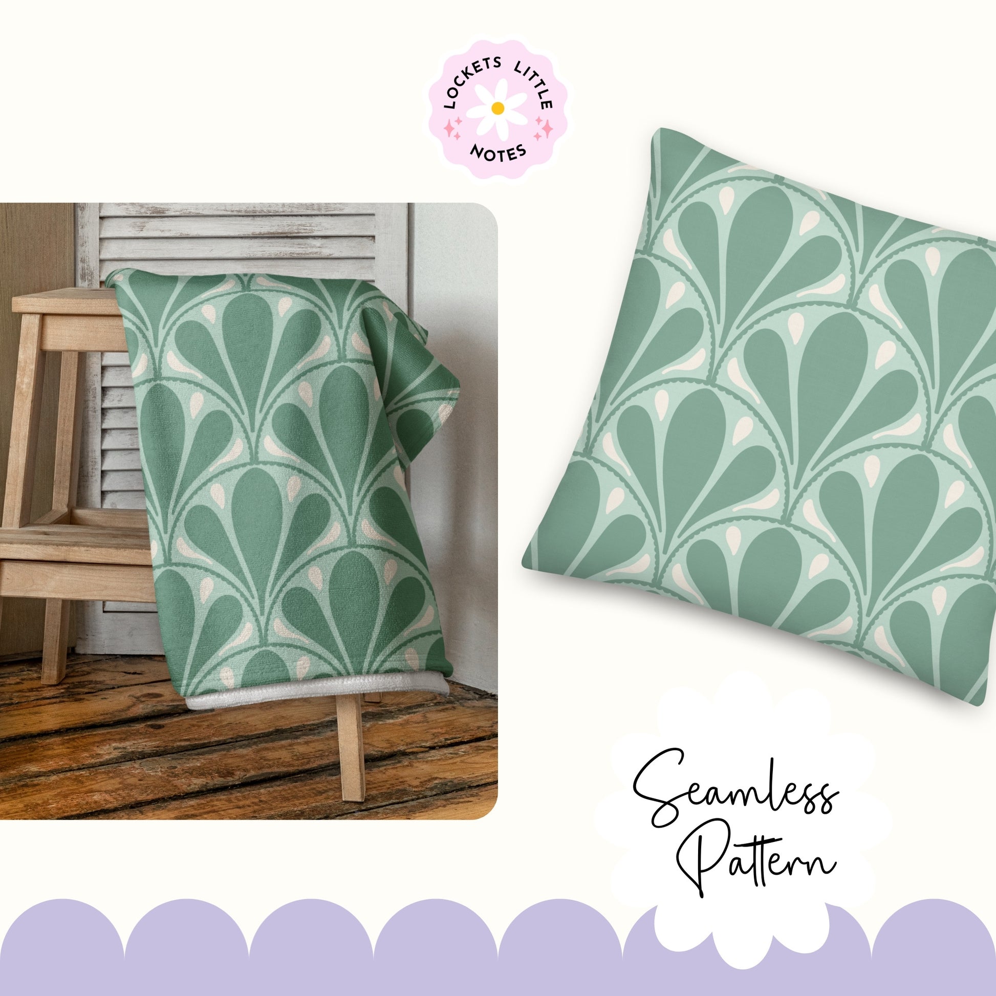 Green patterned blanket and pillow on a wooden stool with 'Lockets Little Notes' branding.