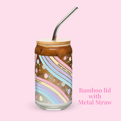 Think Happy Thoughts pastel rainbow 16 oz glass tumbler