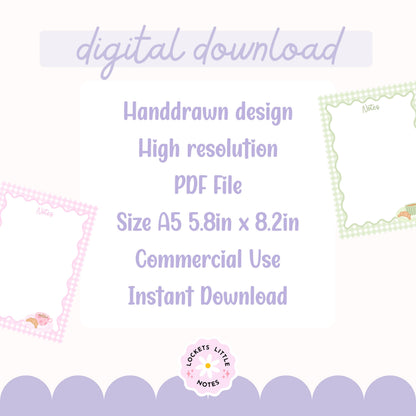 Digital download product description with frames and text on a white background pastel gingham notepad, watercolor café illustration details, and GoodNotes iPad tablet templates.