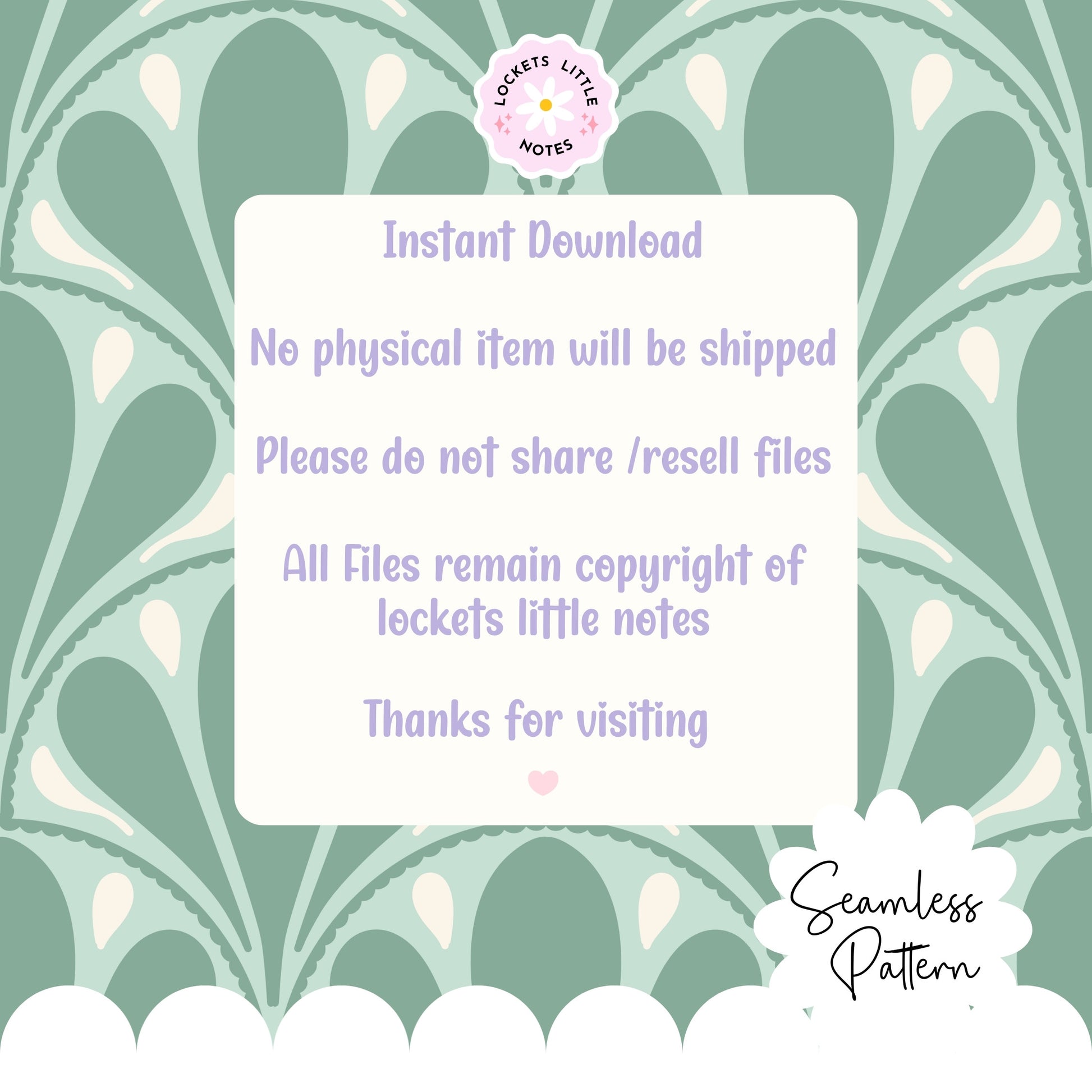 Digital download notice with bold green retro scallop seamless pattern in the background