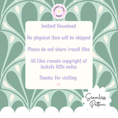 Digital download notice with bold green retro scallop seamless pattern in the background
