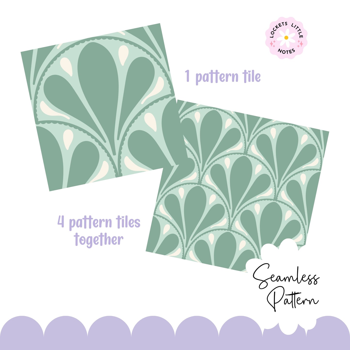 Two pattern tiles with a bold green and white scallop design on a white background, featuring seamless pattern and Lockets Little Notes brand logo