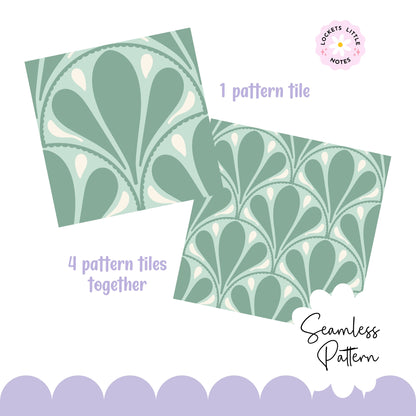 Two pattern tiles with a bold green and white scallop design on a white background, featuring seamless pattern and Lockets Little Notes brand logo
