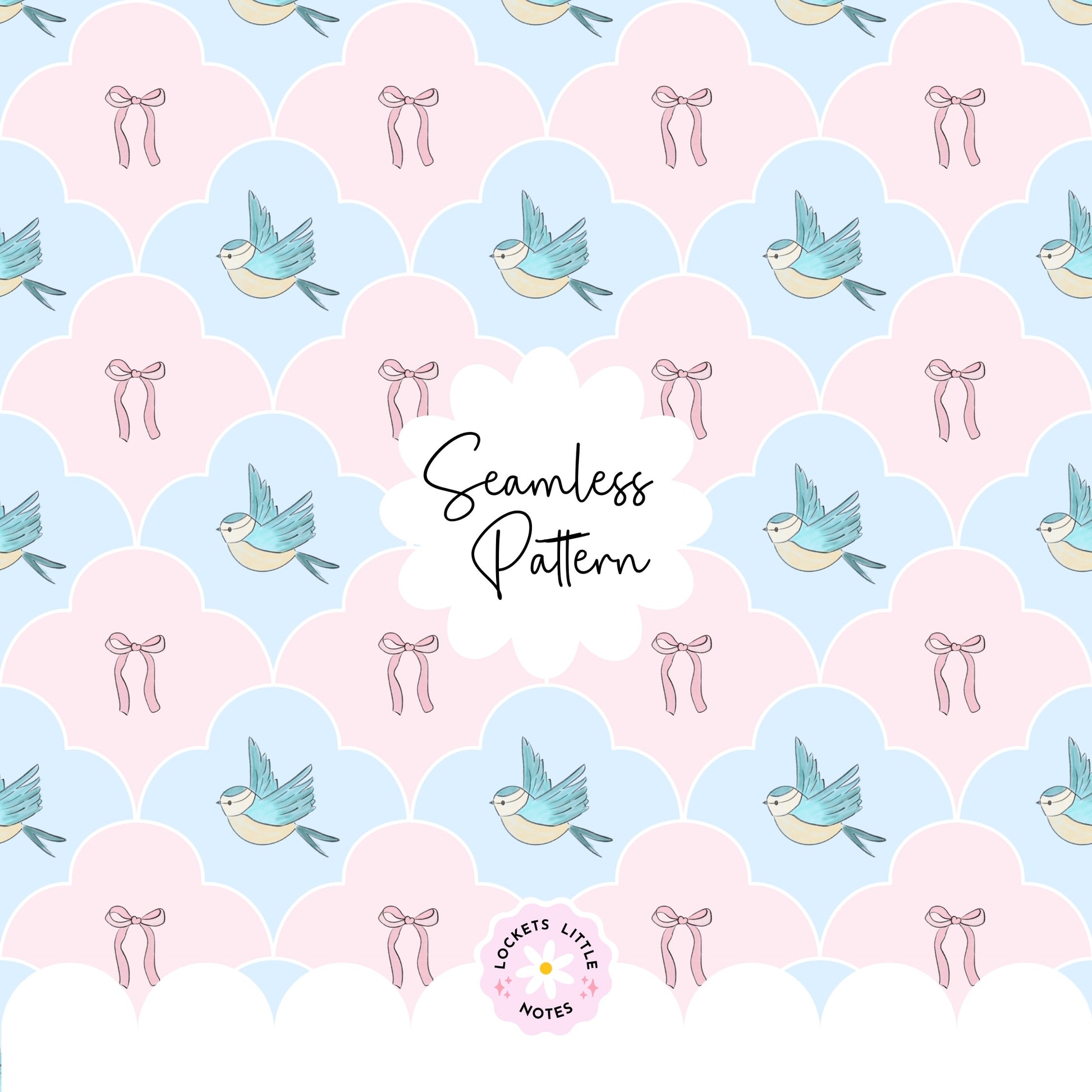 Seamless pattern featuring blue birds and pink bows in a pastel fanned scallop repeat for nursery decor Grandmillennial
