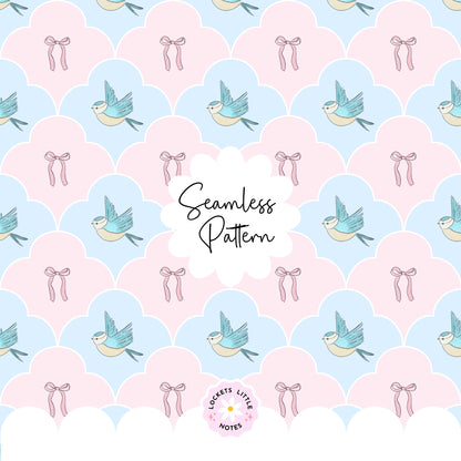 Seamless pattern featuring blue birds and pink bows in a pastel fanned scallop repeat for nursery decor Grandmillennial