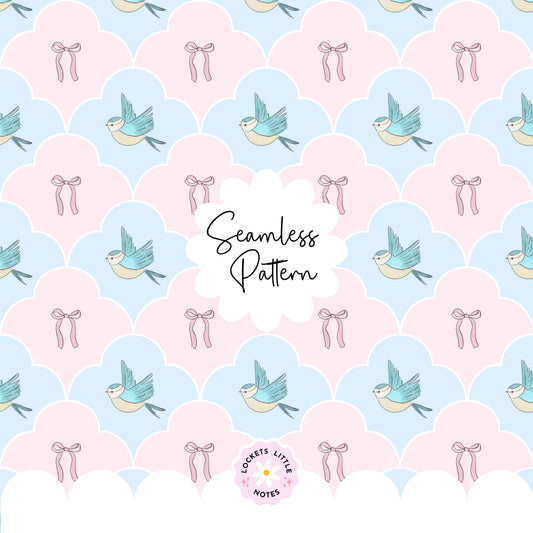 Seamless pattern featuring blue birds and pink bows in a pastel fanned scallop repeat for nursery decor Grandmillennial
