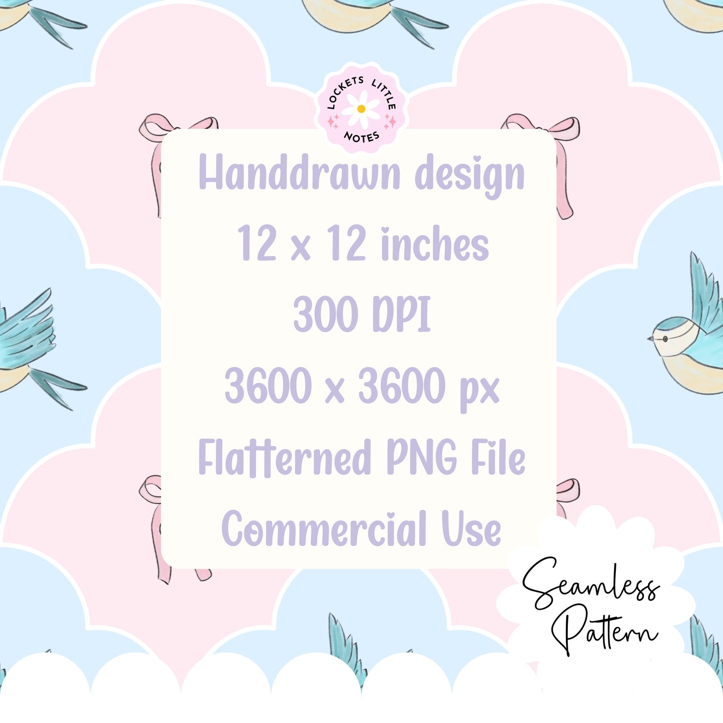 Seamless pattern featuring blue birds and pink bows in a pastel fanned scallop repeat 300 DPI