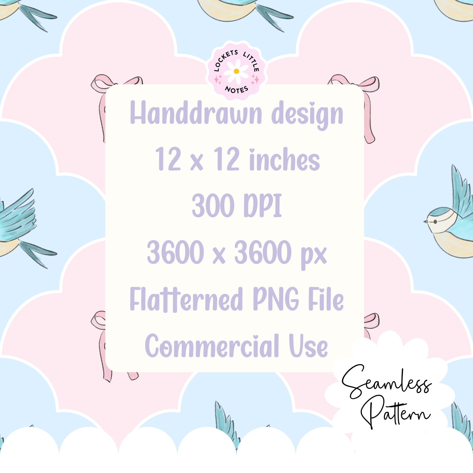 Seamless pattern featuring blue birds and pink bows in a pastel fanned scallop repeat 300 DPI