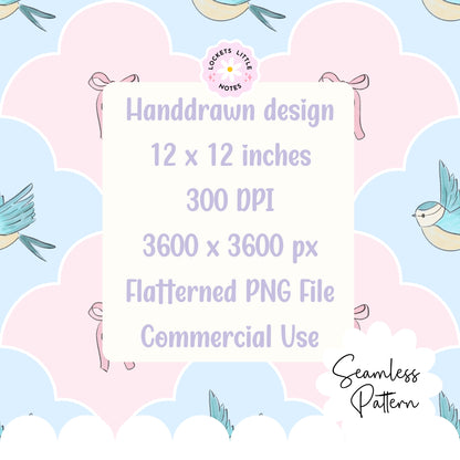 Seamless pattern featuring blue birds and pink bows in a pastel fanned scallop repeat 300 DPI