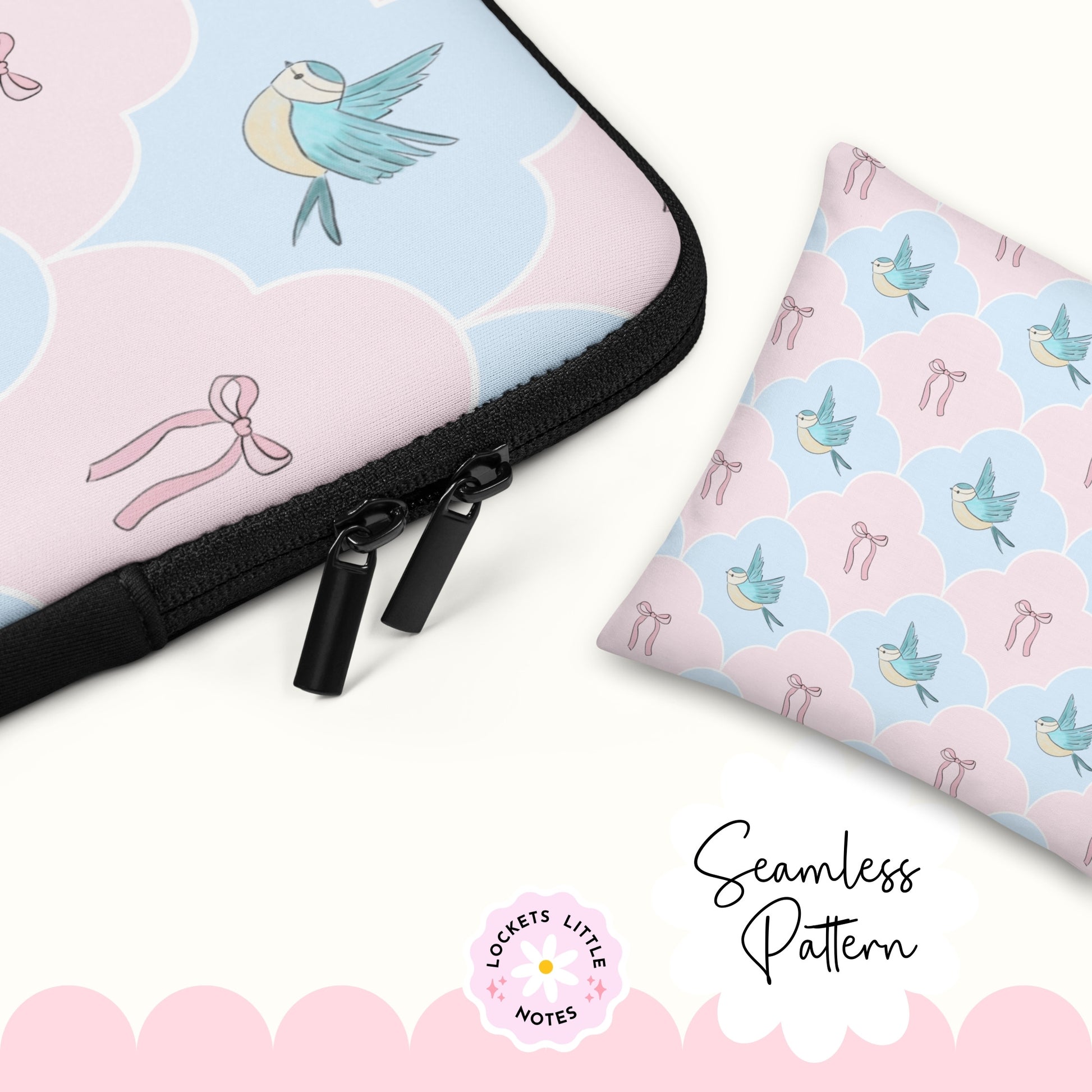Seamless pattern featuring blue birds and pink bows in a pastel fanned scallop pattern close up on fabric