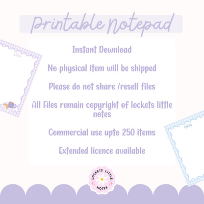 Text on a white background about a printable notepad with copyright information. pastel gingham notepad, watercolor café illustration details, and GoodNotes iPad tablet templates.