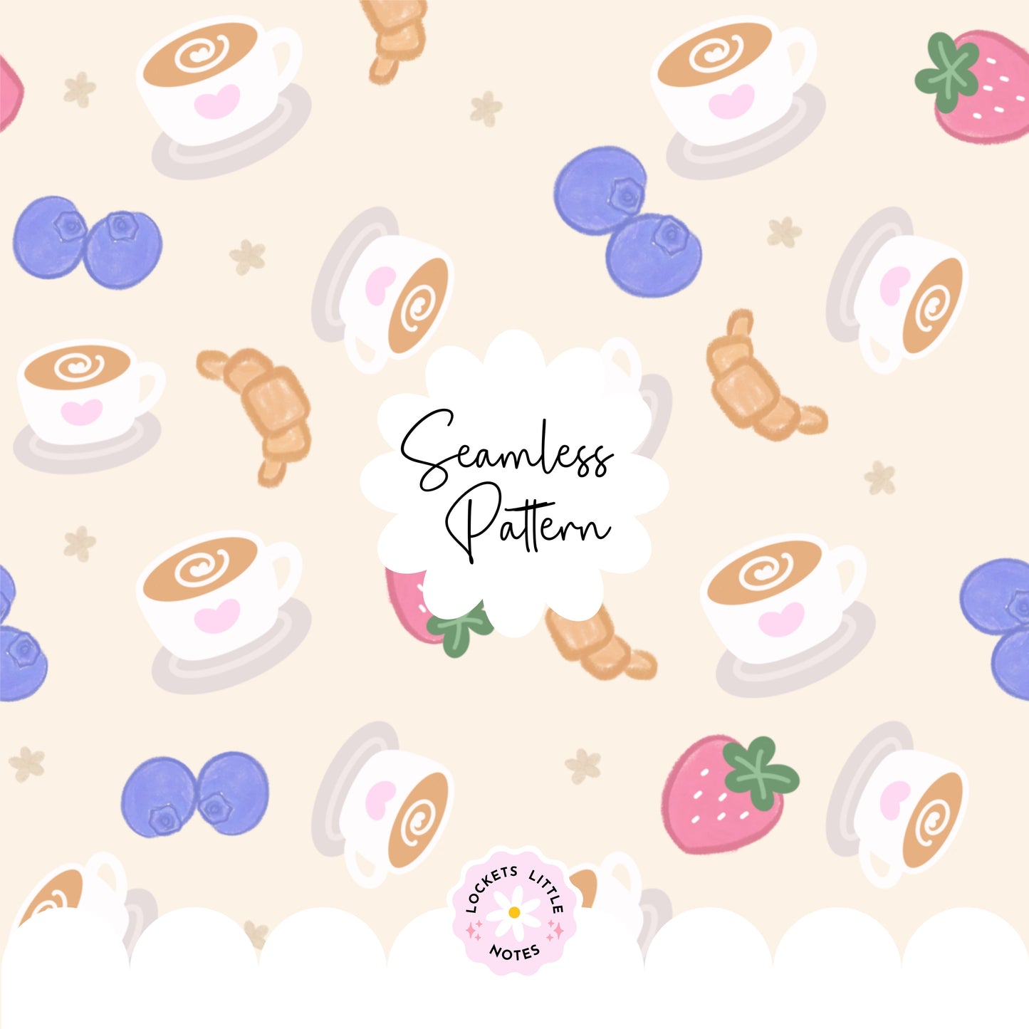 Seamless pattern featuring hand-illustrated buttery croissants, steaming latte cups with latte art, fresh blueberries, and sliced red strawberries on a neutral background.
