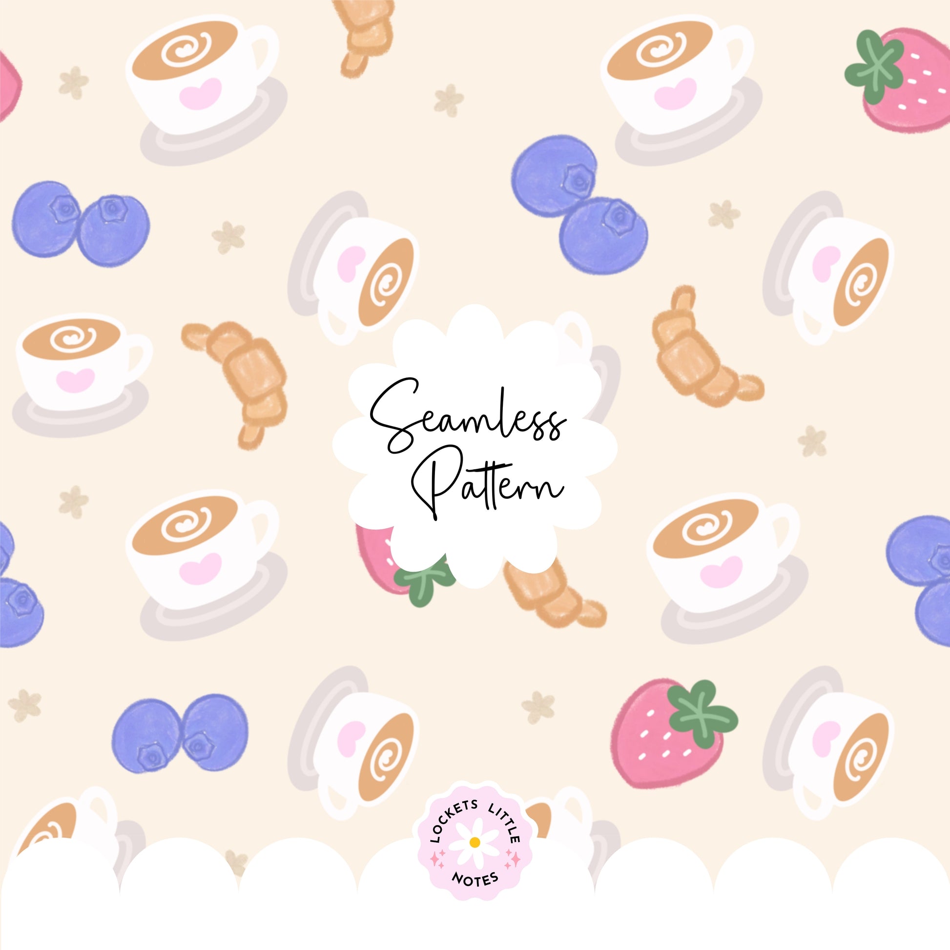 Seamless pattern featuring hand-illustrated buttery croissants, steaming latte cups with latte art, fresh blueberries, and sliced red strawberries on a neutral background.
