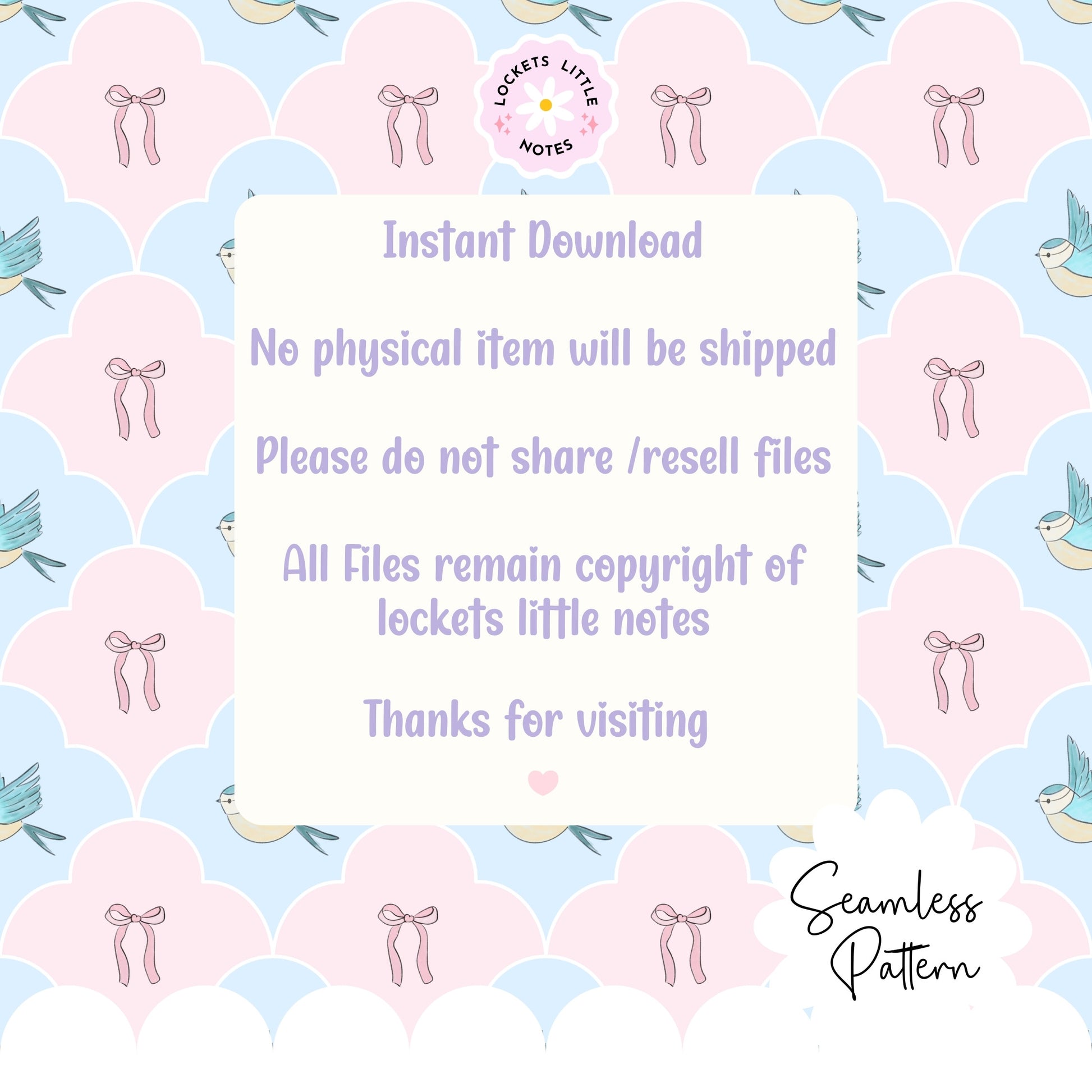 Seamless pattern featuring blue birds and pink bows in a pastel fanned scallop repeat instant download
