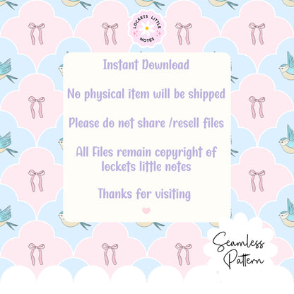 Seamless pattern featuring blue birds and pink bows in a pastel fanned scallop repeat instant download
