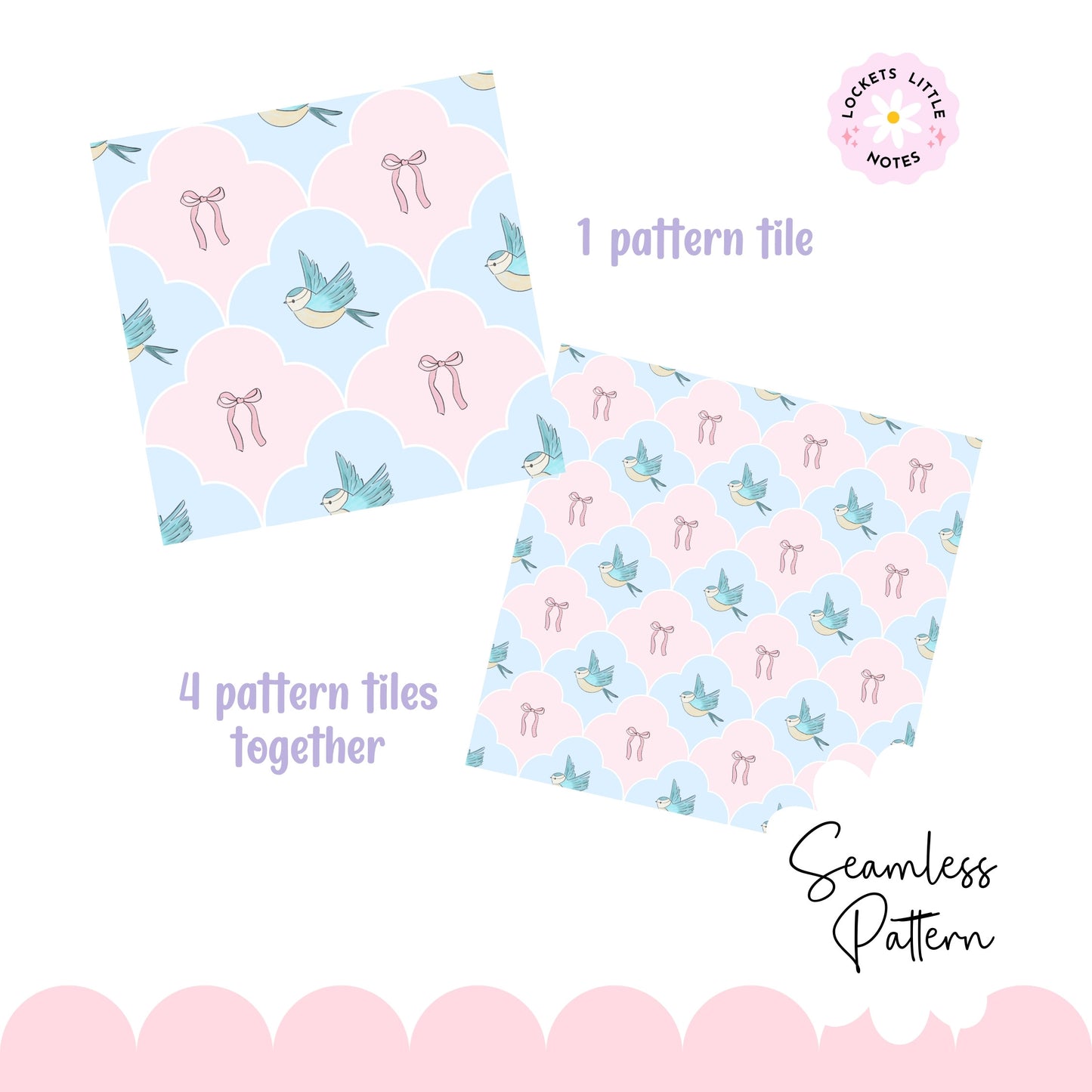 Seamless pattern featuring blue birds and pink bows in a pastel fanned scallop single tile and repeat tile pretty pattern