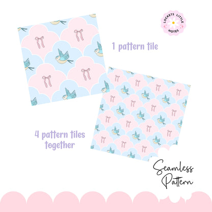 Seamless pattern featuring blue birds and pink bows in a pastel fanned scallop single tile and repeat tile pretty pattern