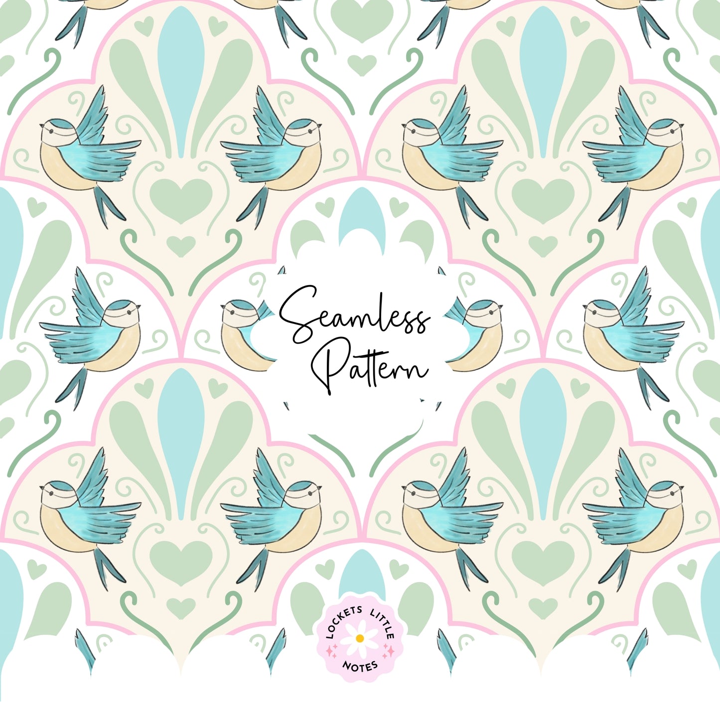 Seamless pattern of elegant bluebirds in flight with fanned scallops and whimsical petal swirls.