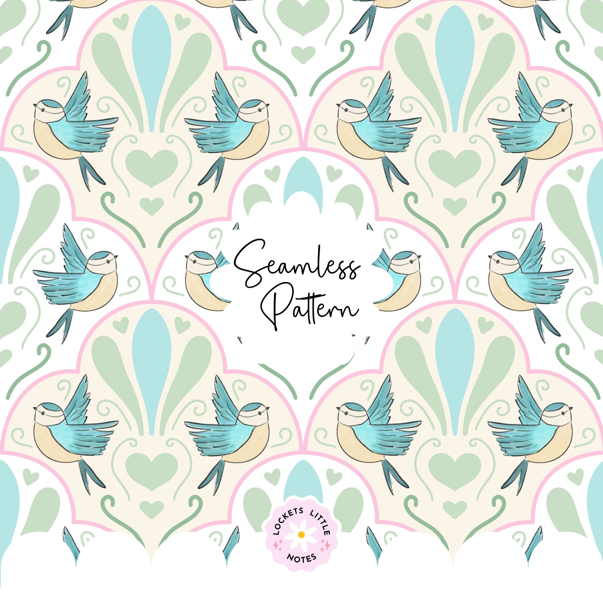 Seamless pattern of elegant bluebirds in flight with fanned scallops and whimsical petal swirls.