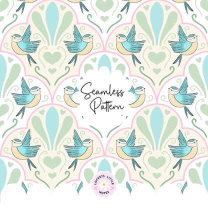 Seamless pattern of elegant bluebirds in flight with fanned scallops and whimsical petal swirls.