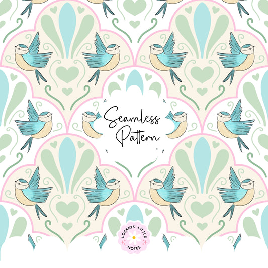 Seamless pattern of elegant bluebirds in flight with fanned scallops and whimsical petal swirls.