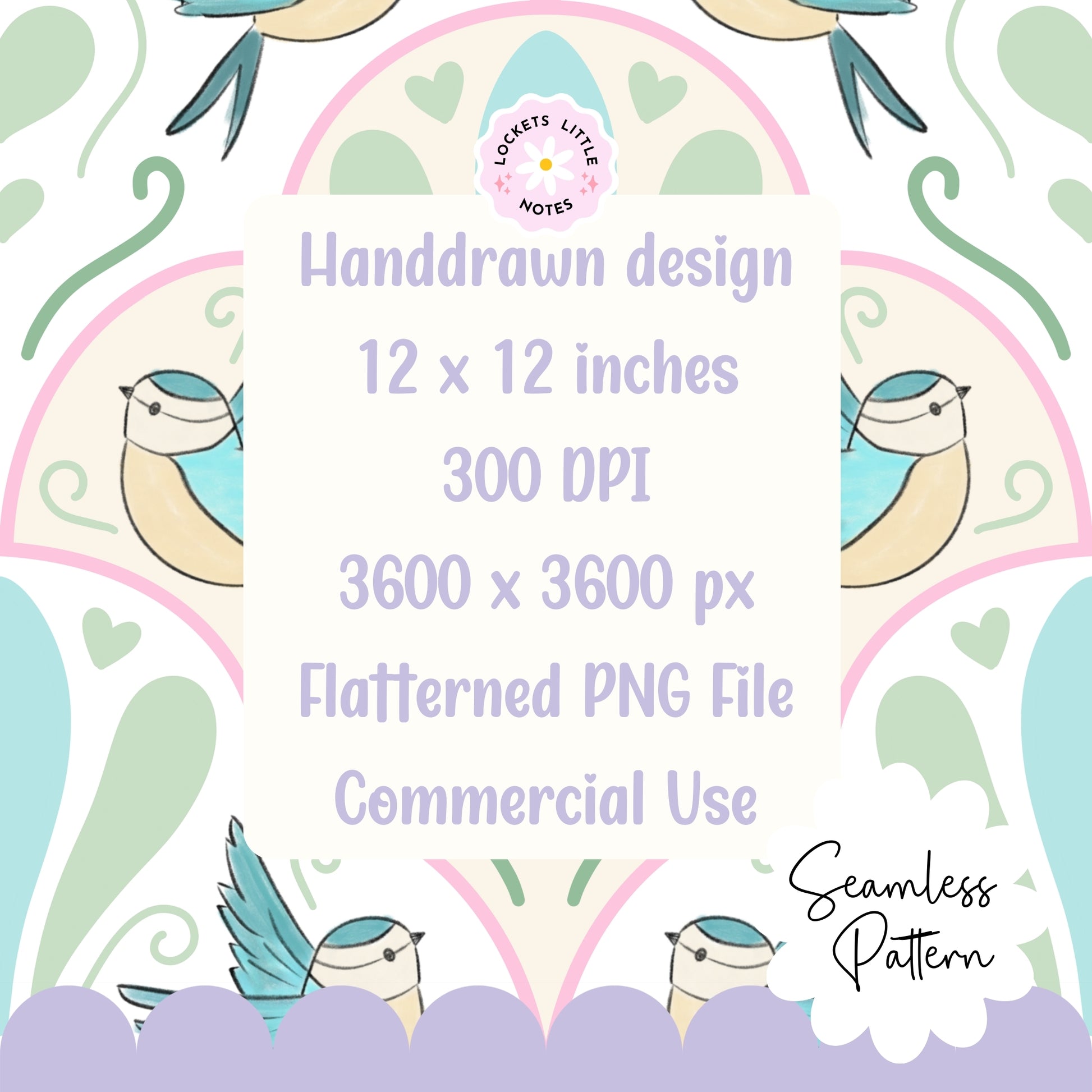 Handdrawn design with birds and decorative elements on a white background, featuring text about the design specifications.