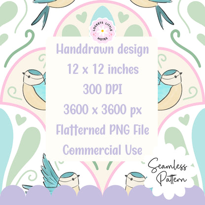 Handdrawn design with birds and decorative elements on a white background, featuring text about the design specifications.